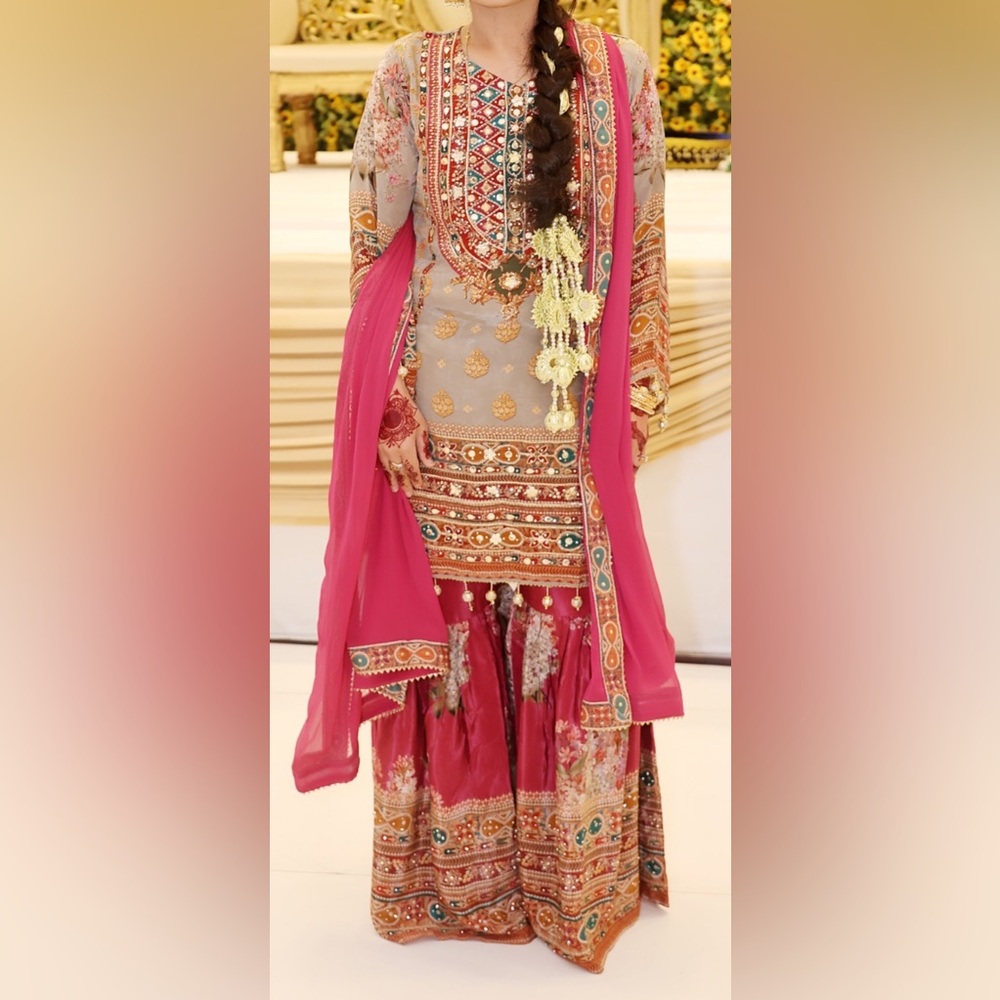 Pakistani Gharara suit  Pink and Gray Traditional